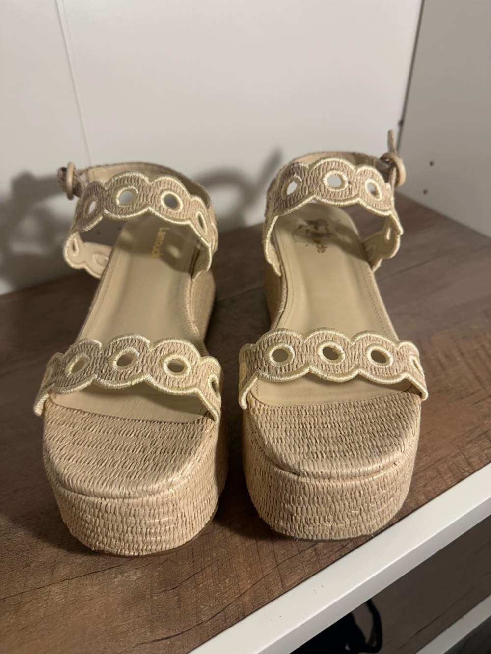 Larroude Beige Scalloped Wedge Platform Sandals
